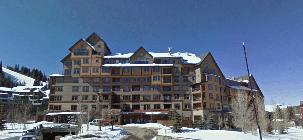 Large lodge in snowy landscape