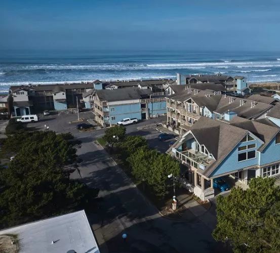 Seaside community under clear sky