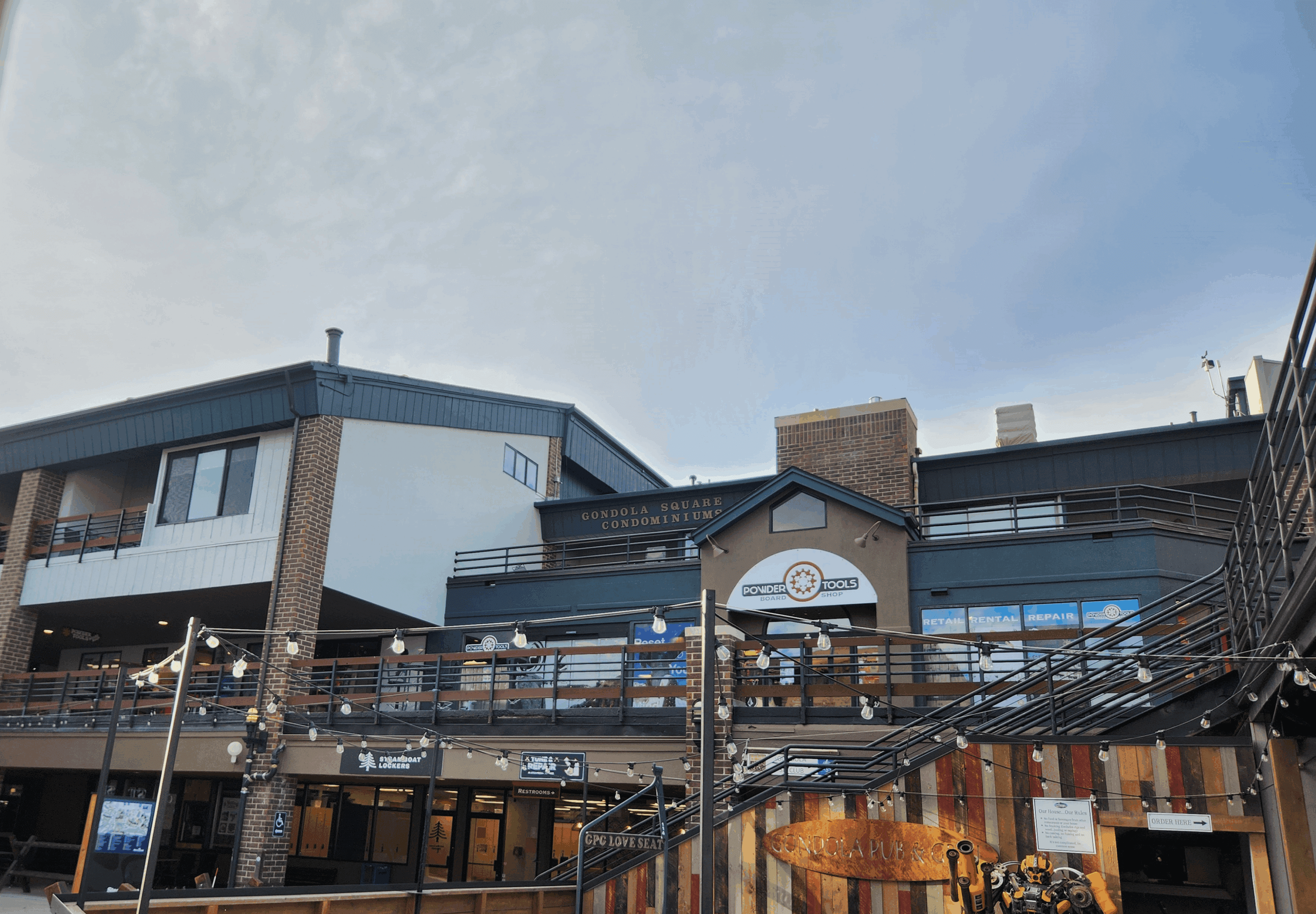 Modern shopping complex facade with signage