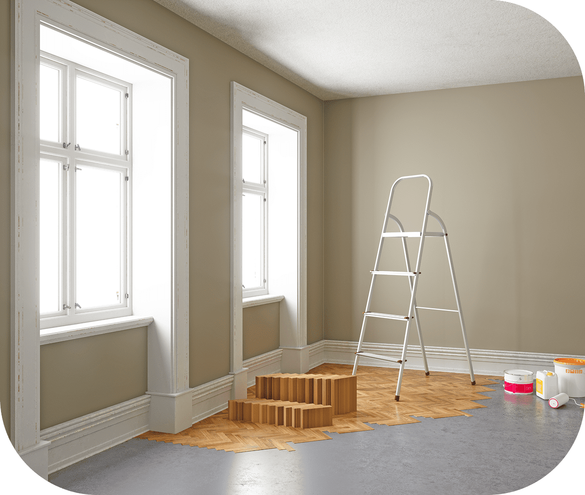 Empty room with ladder and paint supplies