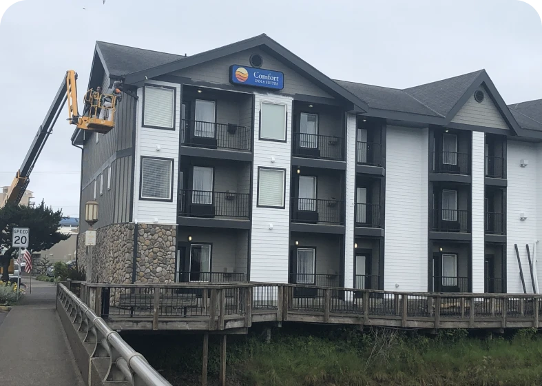 Hotel exterior with maintenance crane