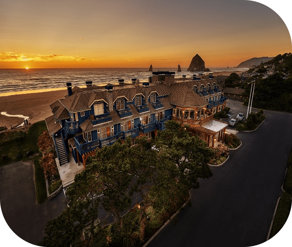 Beachfront hotel at sunset