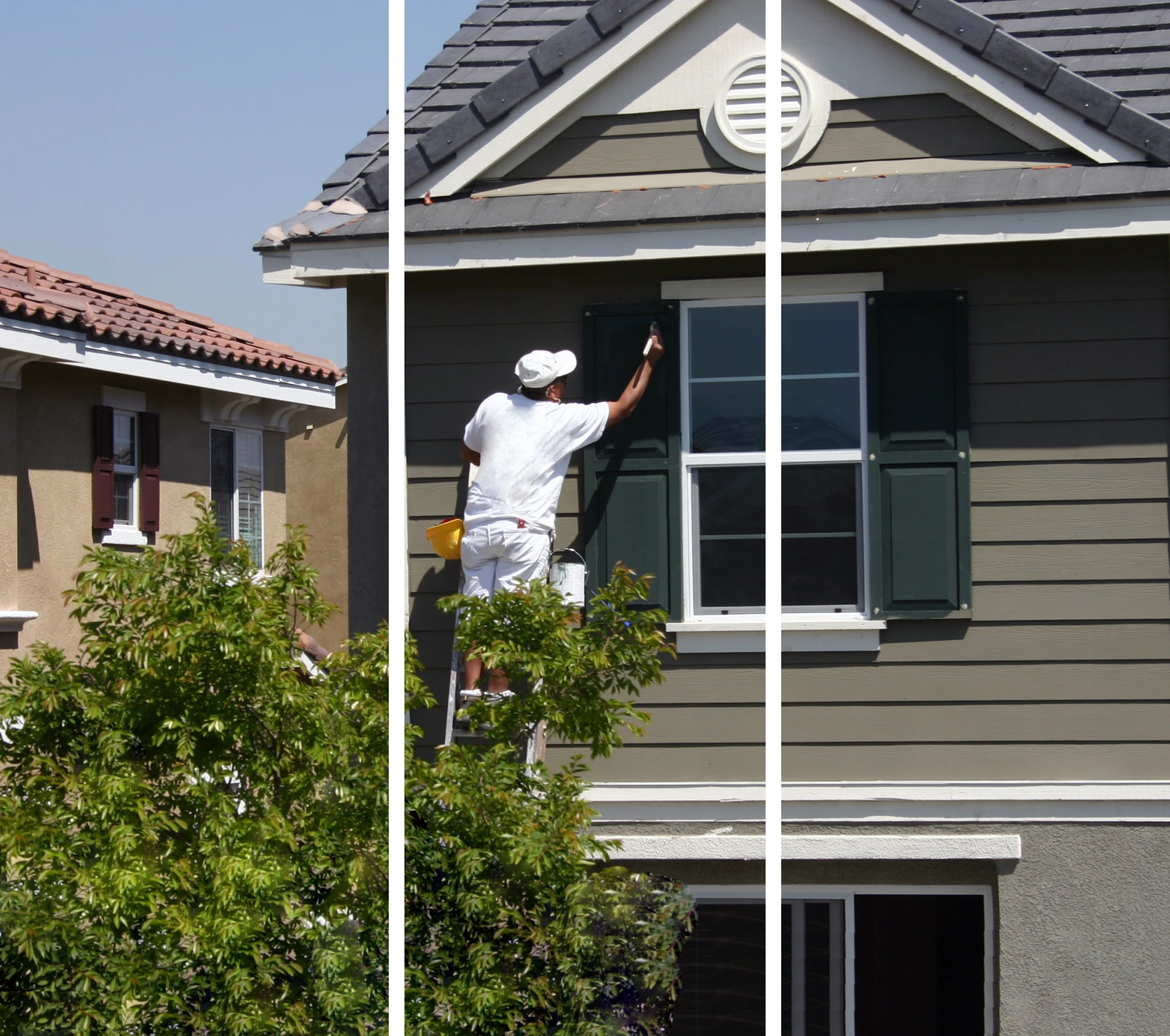 Man painting shutters on house