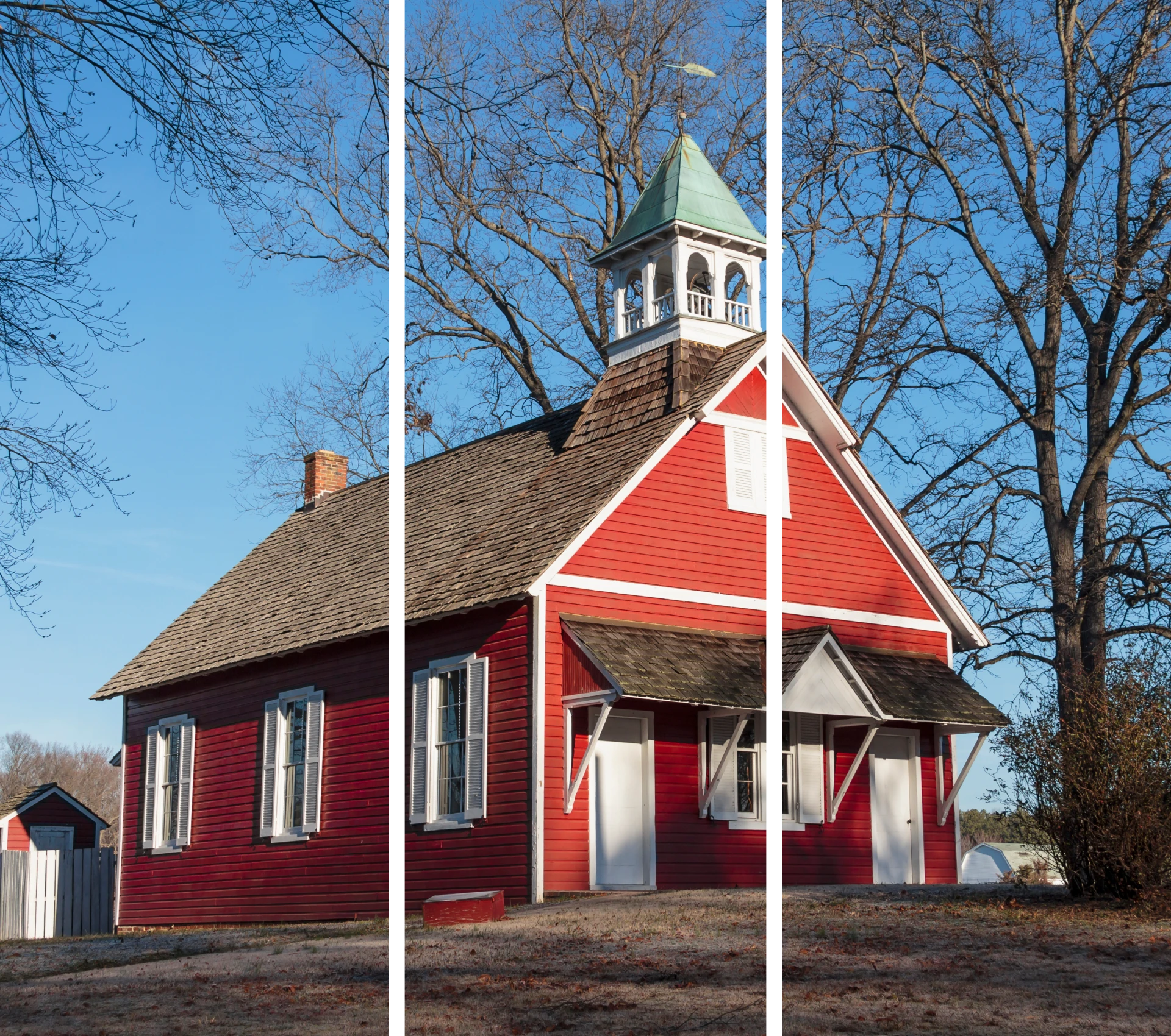 Charming red building under blue sky