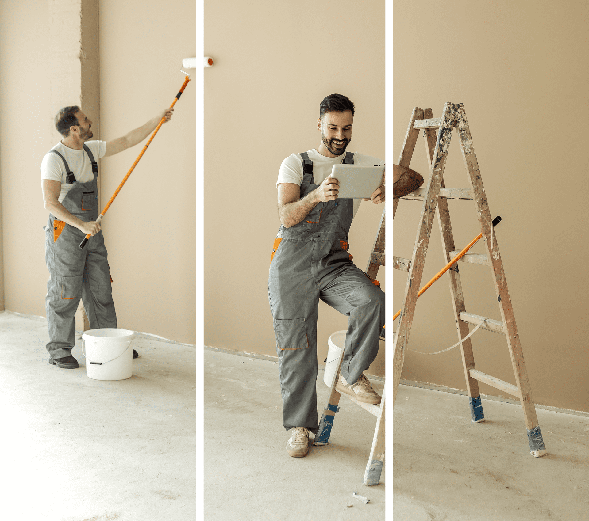 Worker using tablet while painting room